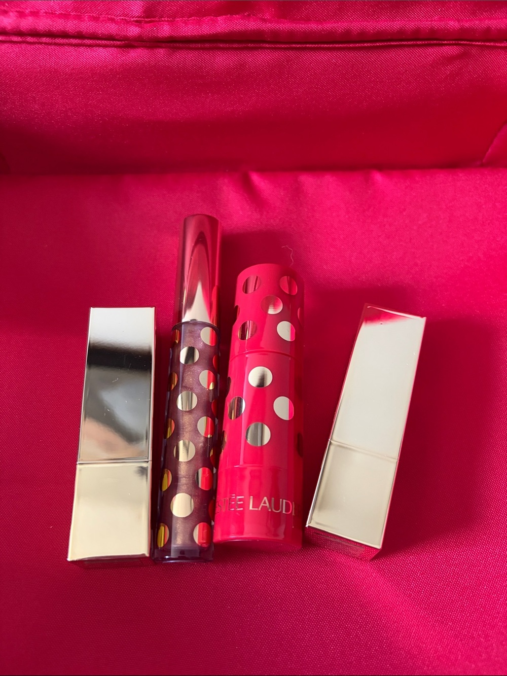 Estee Lauder Hot Pink Polka Dot 2 Lipstick & 1 Gloss and 1 blush stick travelSet